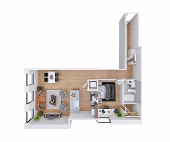 A drawing of a small apartment with a kitchen, living room, and bathroom.