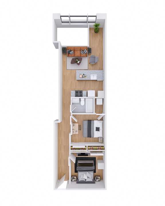 A top-down view of a small apartment with a kitchen, living room, and bathroom.