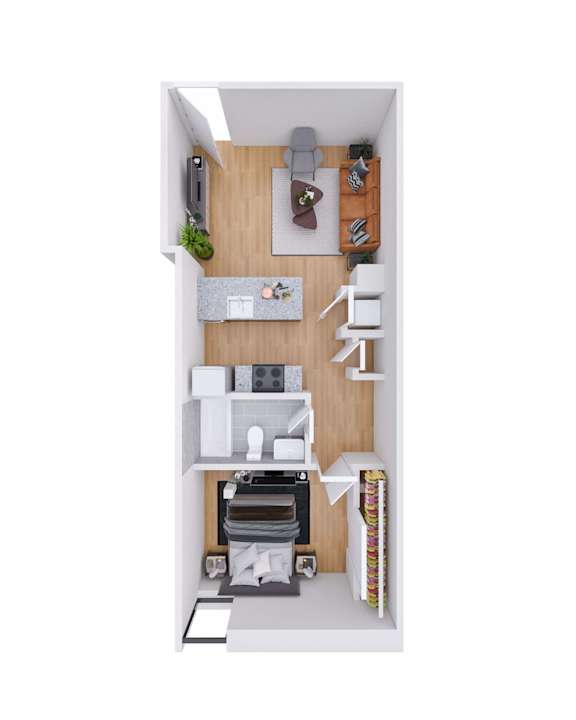 A top-down view of a small, neatly organized living space with a kitchen area.