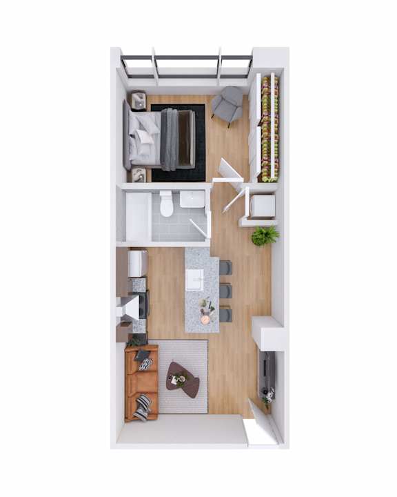 A top down view of a small apartment with a kitchen, living room, and bathroom.