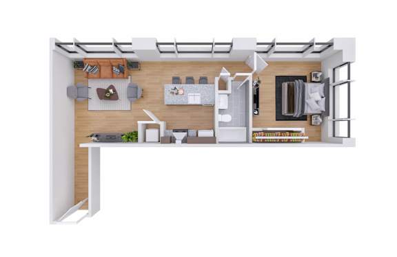 A top-down view of a modern kitchen and living room.