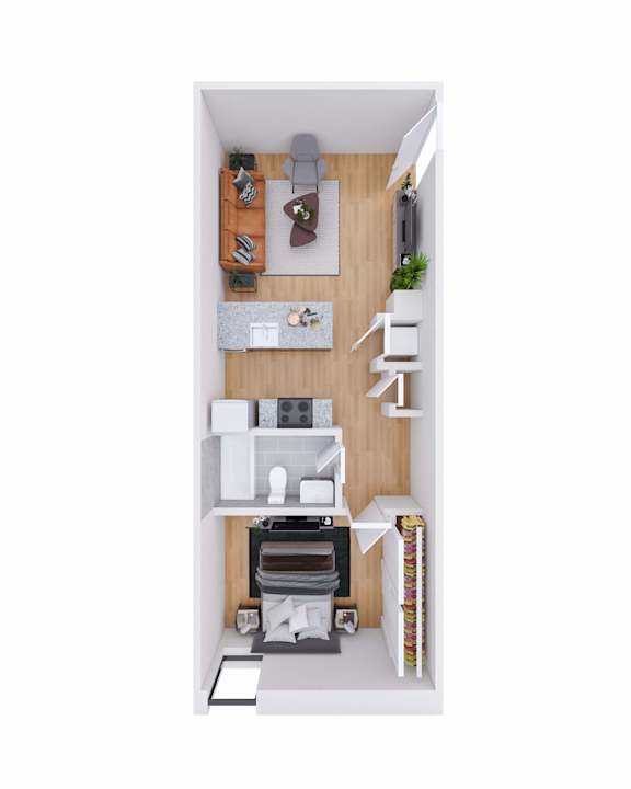 A top-down view of a small apartment with a kitchen, living room, and bathroom.