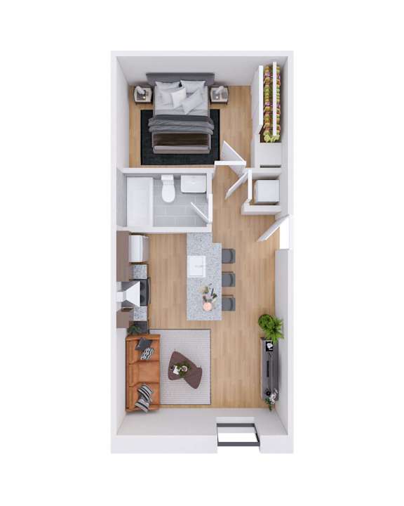 A top-down view of a small apartment with a bed, desk, and kitchenette.