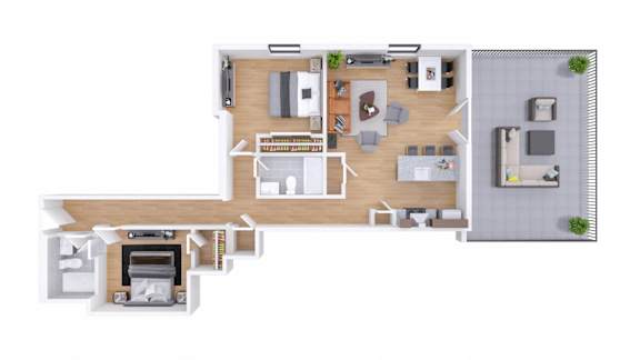 A floor plan of a house with a kitchen, living room, and two bedrooms.