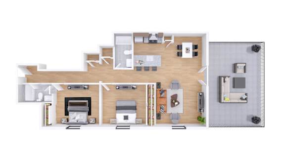 A top-down view of a house layout with a living room, kitchen, and two bedrooms.