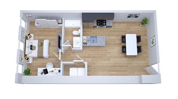 A top-down view of a modern living room with a kitchen area.
