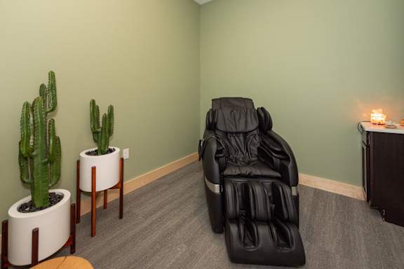a massage chair in a room with a cactus and a plant at The Bend Arbordale, Virginia