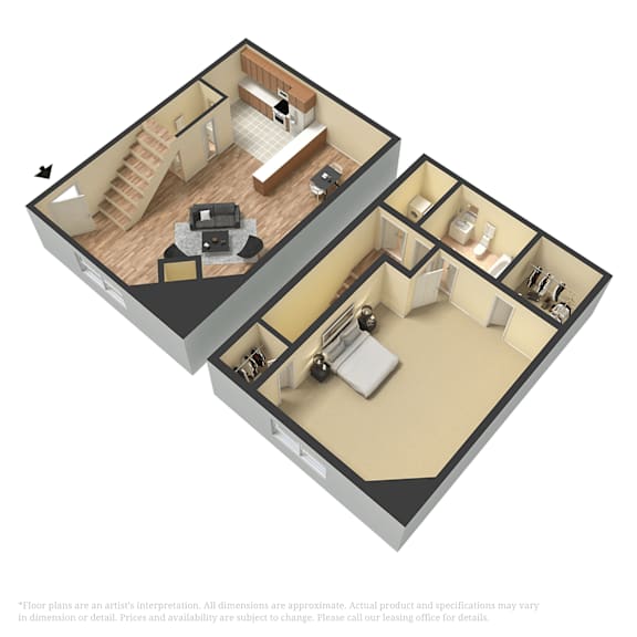 A 3D floor plan of a house with a kitchen, living room, and two bedrooms.