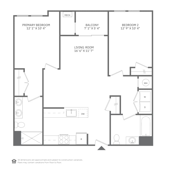A floor plan of a home with a living room, two bedrooms, a balcony, and a mech.