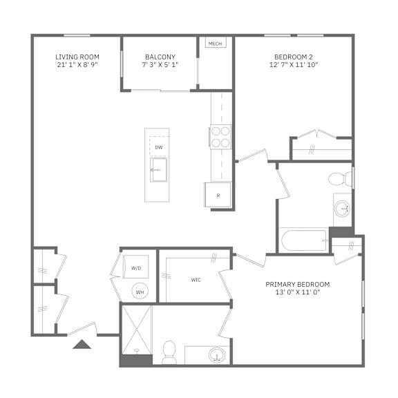A black and white image of a floor plan for a home with a living room, balcony, and two bedrooms.
