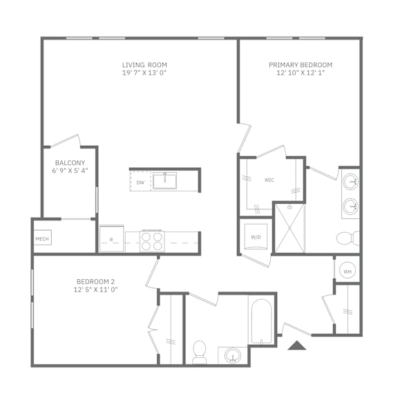 A black and white image of a floor plan for a home with a living room, primary bedroom, balcony, and two bathrooms.