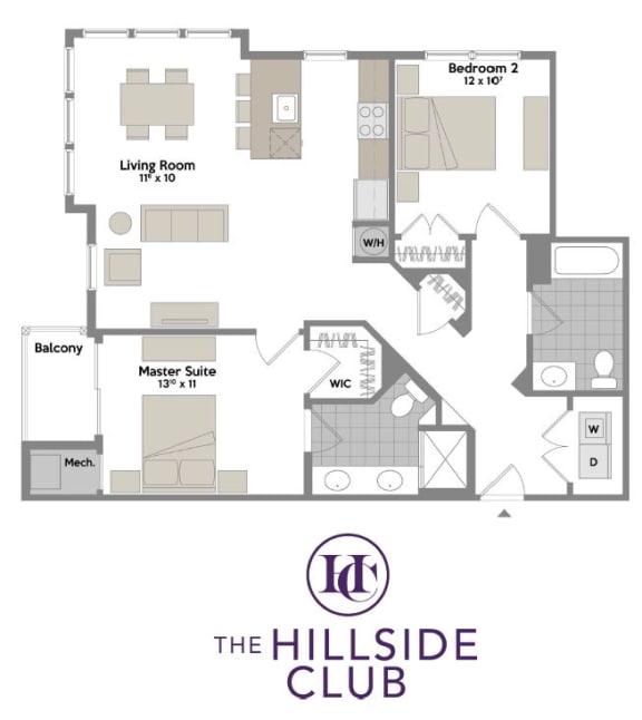 Floor Plan  2 bed 2 bath at Hillside Club Apartments, Livingston, 07039