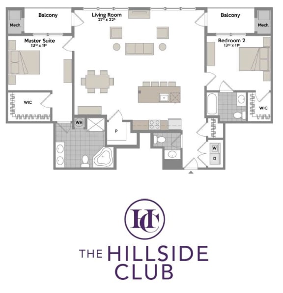 Floor Plan  2 bed 2 bath A at Hillside Club Apartments, Livingston, New Jersey