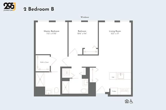 A floor plan of a 2 Bedroom B apartment with a master bedroom, a bedroom, a living room, a kitchen, and a bathroom.