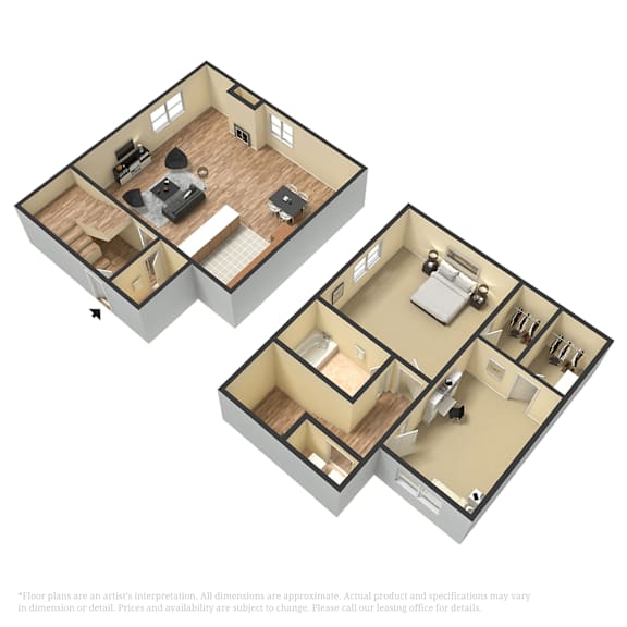 A 3D floor plan of a two-bedroom apartment.