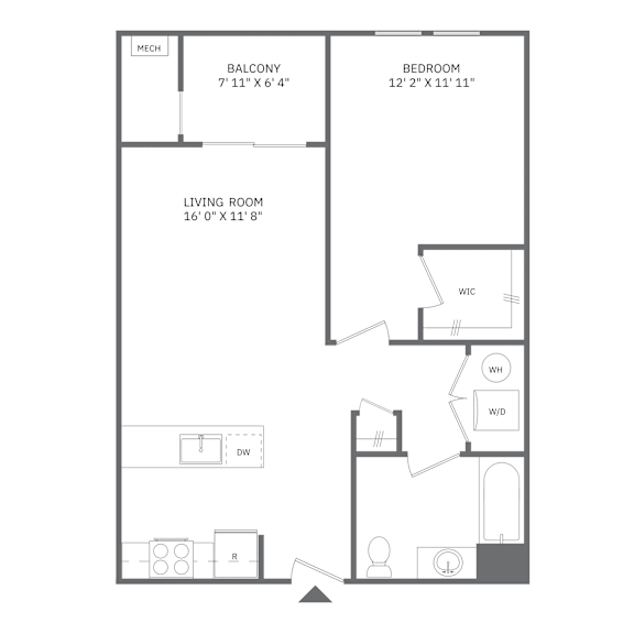 A floor plan of an apartment with a living room, bedroom, and balcony.