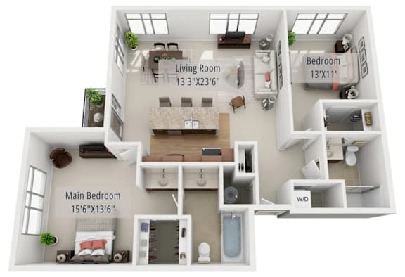 A 3D floor plan of a small apartment with a living room, two bedrooms, and a main bedroom.