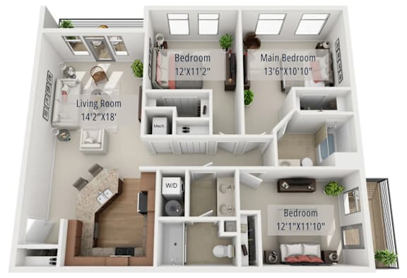 Floor Plan  A 3D floor plan of a small apartment with a living room, two bedrooms, and a kitchen.