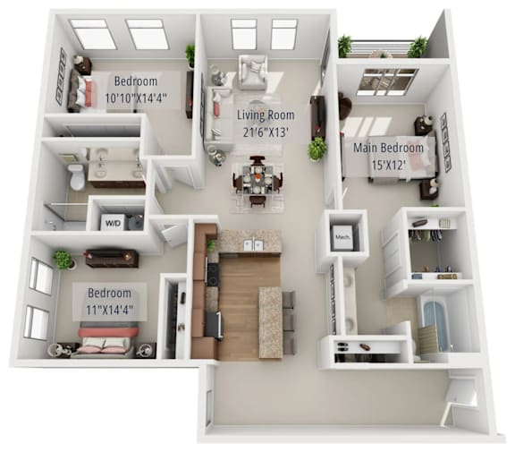 A 3D floor plan of a small apartment with two bedrooms, a living room, and a kitchen.
