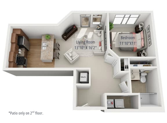 A 3D floor plan of a small apartment with a living room, bedroom, and kitchen.