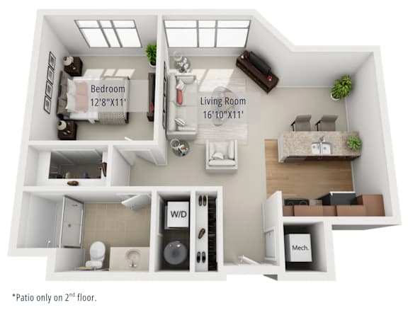 A diagram of a small apartment with a bedroom, living room, and bathroom.