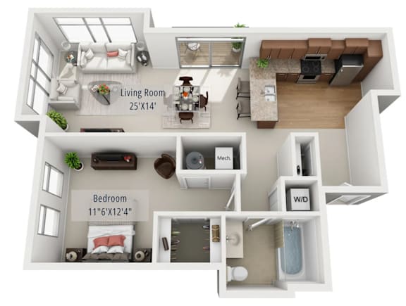 A 3D floor plan of a small apartment with a living room, bedroom, and kitchen.