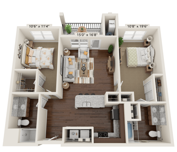 B3A Floor Plan at The Bend Arbordale, Williamsburg, 23188