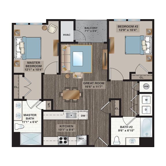 A floor plan of a house with a master bedroom, great room, and two bathrooms.