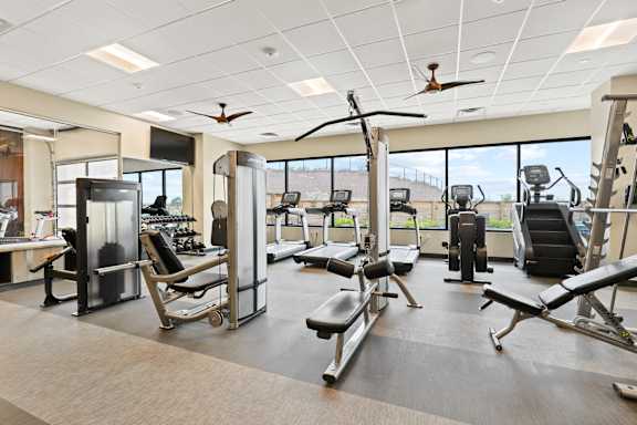 a large fitness room with cardio equipment and large windows