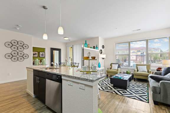 our apartments offer a living room with a kitchen and dining area