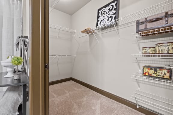 a walk in closet with white walls and shelves and a door open to a room at The Millennium Towne Center Apartments, Baton Rouge, 70806
