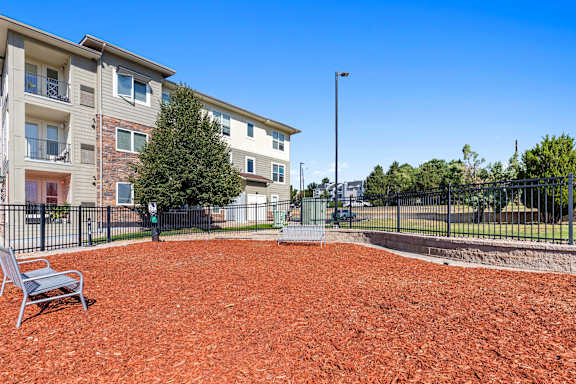 the preserve at ballantyne commons dog park with bench and apartment buildings