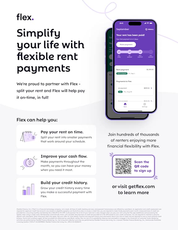 An advertisement for Flex, a service that simplifies life with flexible rent payments, showing a phone with the app interface and benefits listed.