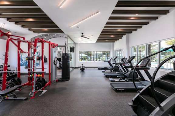 A gym with a variety of equipment including treadmills, weight racks, and a ceiling fan.