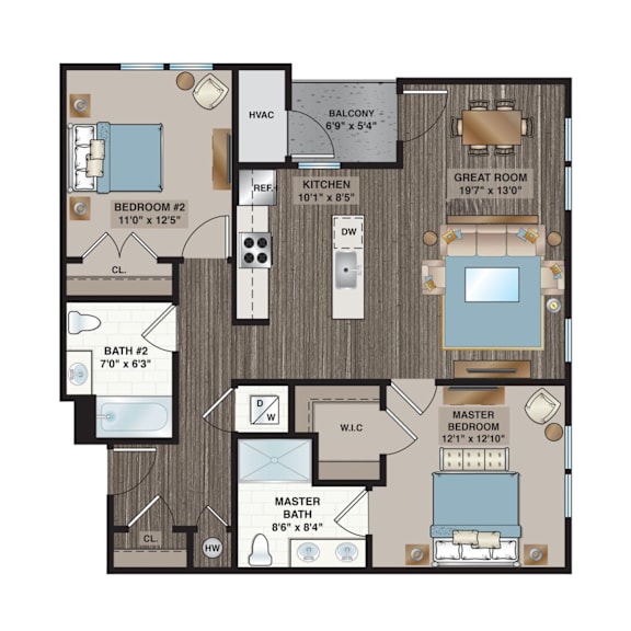 A floor plan of a house with a master bedroom, two bathrooms, a balcony, and a great room.
