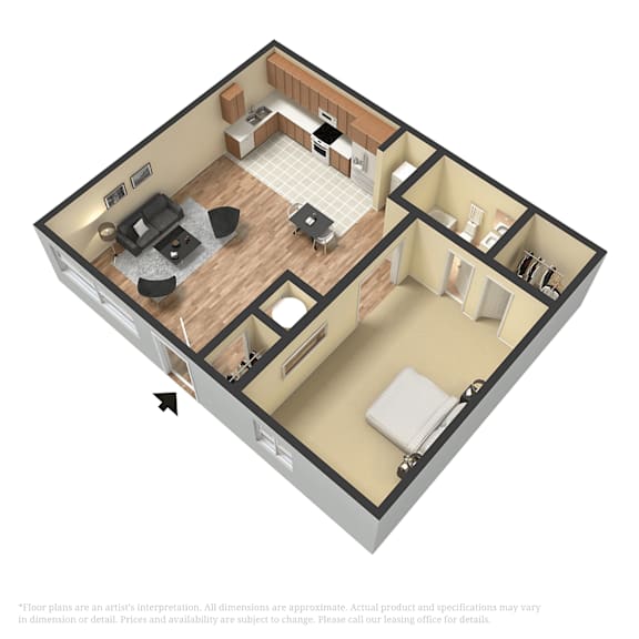 A 3D floor plan of a house with a living room, kitchen, dining room, and bedrooms.