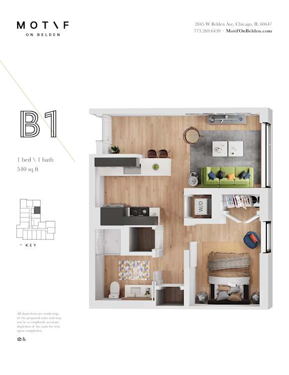 A layout of a bedroom with a bed, a desk, a chair, a couch, a shelf, and a potted plant.