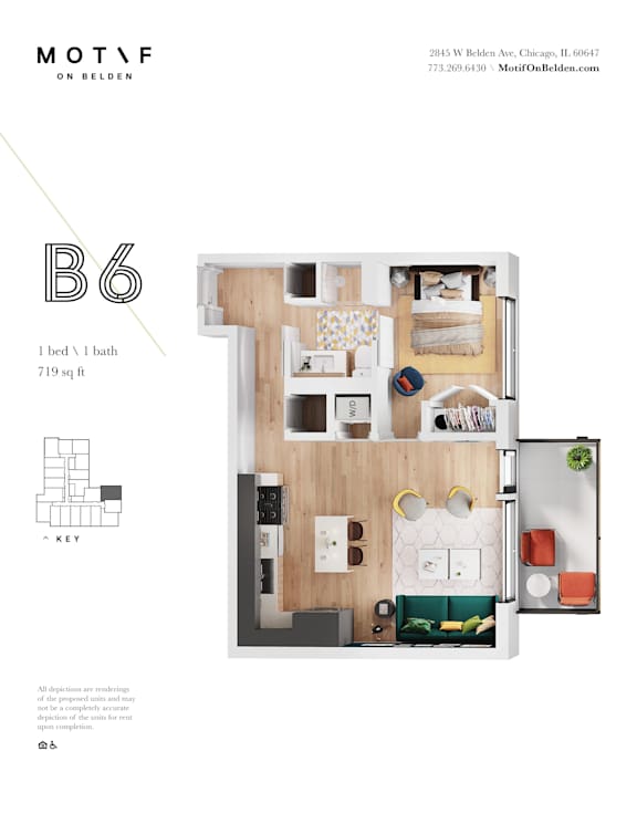 A floor plan of a one bedroom apartment with a bathroom and kitchen.
