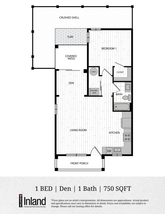 Floor Plan  1 bed, den, 1 bath, 750 sq ft