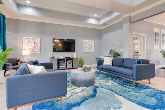 clubhouse with blue couches and a rug at Magnolia Village Apartments, Jacksonville, FL, 32207