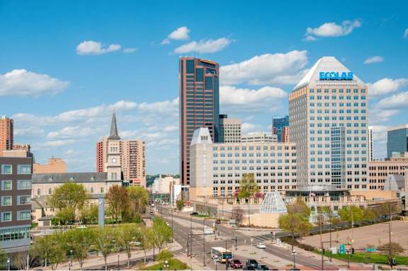 A cityscape with a large building at The Arlow on Kellog, Minnesota, 55102