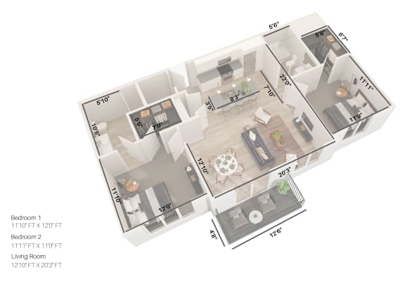A 3D diagram of a house layout with two bedrooms and a living room.