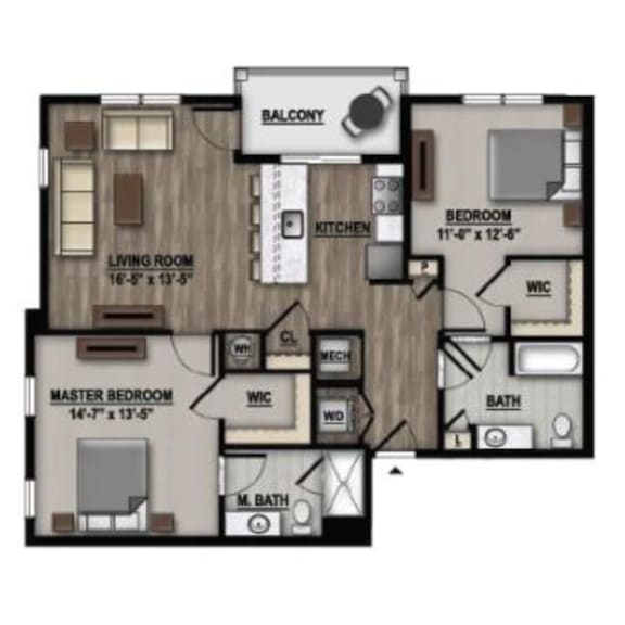 Floor Plan  2 bed 2 bath I at Parc at Princeton Junction Apartments, Princeton, NJ, 08540