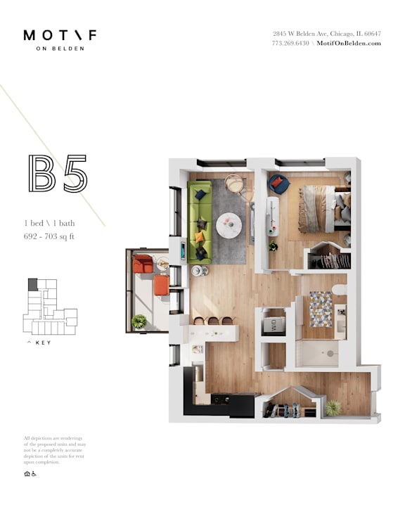 A floor plan of a one bedroom apartment with a key showing the location of each room.