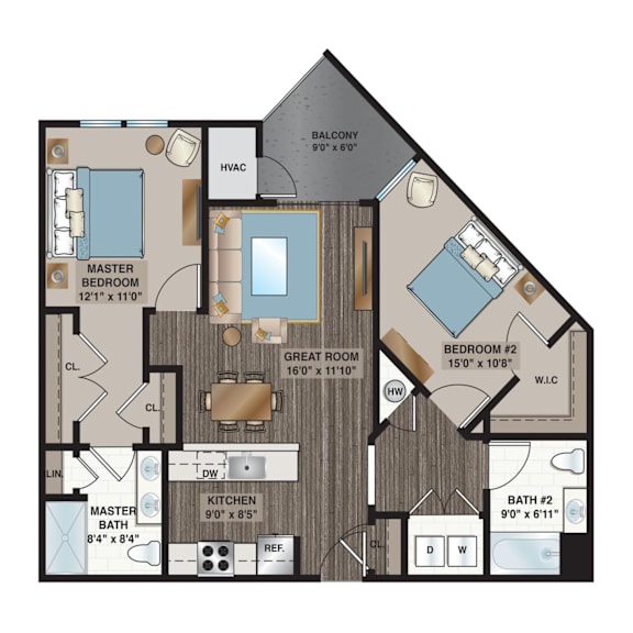 A floor plan of a house with a master bedroom, great room, and two bathrooms.