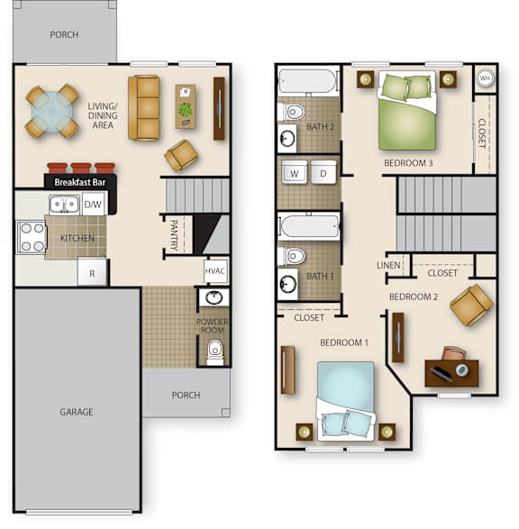 Floor Plan  A floor plan of a house with a garage, two bedrooms, a living area, a kitchen, a dining area, a powder room, and a breakfast bar.