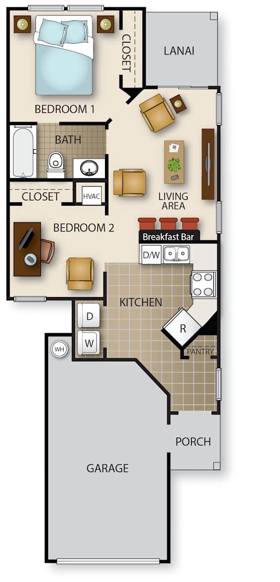 Floor Plan  A floor plan of a house with two bedrooms, a living area, a kitchen, a porch, and a garage.