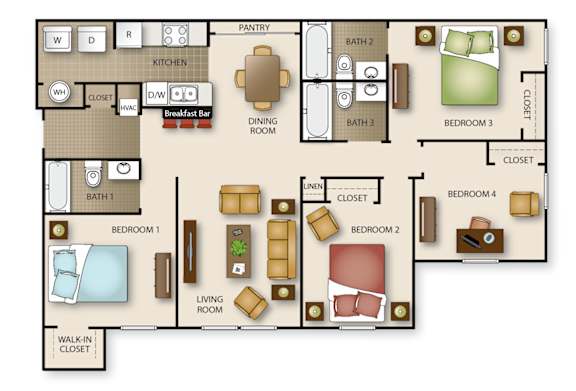 Floor Plan  A floor plan of a house with four bedrooms, a pantry, a kitchen, a breakfast bar, a dining room, and a living room.
