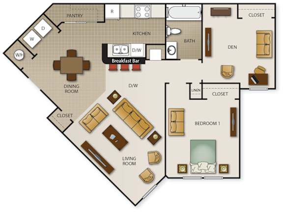Floor Plan  A floor plan of a house with a pantry, kitchen, dining room, living room, two bedrooms, and a bathroom.