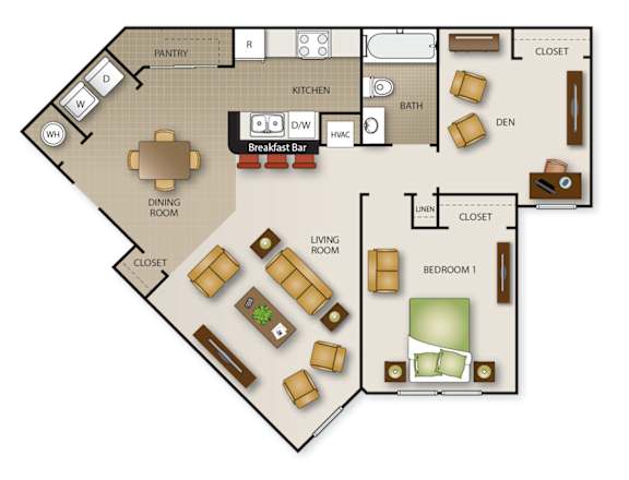 Floor Plan  A floor plan of a house with a kitchen, dining room, living room, and two bedrooms.